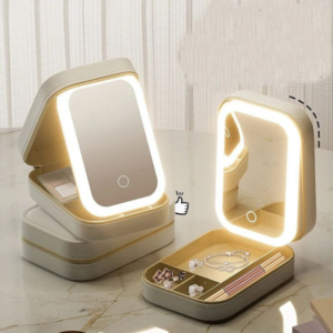 Boite de maquillage & bijoux avec miroir LED ajustable, 3 couleurs, boite portable de maquillage pour le voyage