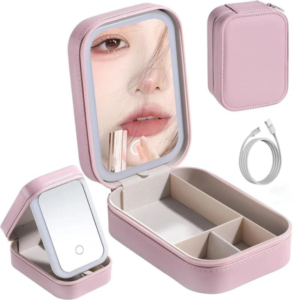 Boite de maquillage & bijoux avec miroir LED ajustable, 3 couleurs, boite portable de maquillage pour le voyage